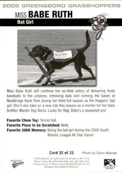 2009 MultiAd Greensboro Grasshoppers #32 Miss Babe Ruth Back