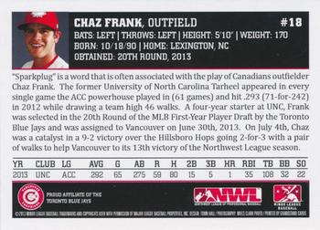 2013 Grandstand Vancouver Canadians #NNO Chaz Frank Back