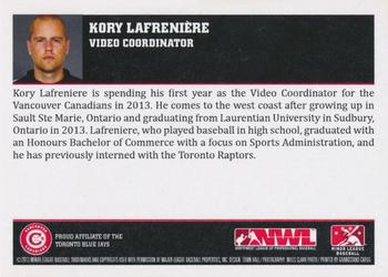 2013 Grandstand Vancouver Canadians #NNO Kory Lafreniere Back