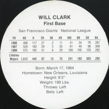 1989 Cadaco Discs - Back Variation #NNO Will Clark Back