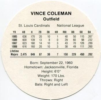 1989 Cadaco Discs - Back Variation #NNO Vince Coleman Back
