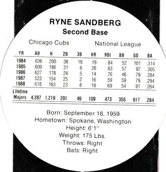 1989 Cadaco Discs - Back Variation #NNO Ryne Sandberg Back
