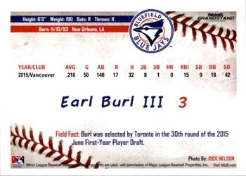 2016 Grandstand Bluefield Blue Jays #3 Earl Burl Back