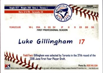 2016 Grandstand Bluefield Blue Jays #11 Luke Gillingham Back