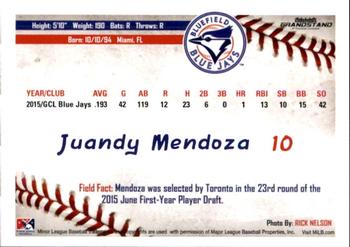 2016 Grandstand Bluefield Blue Jays #19 Juandy Mendoza Back