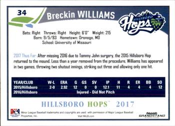 2017 Grandstand Hillsboro Hops #NNO Breckin Williams Back