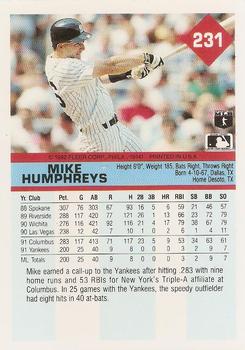 1992 Fleer #231 Mike Humphreys Back