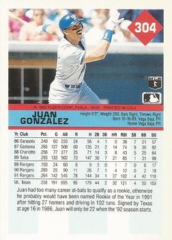 1992 Fleer #304 Juan Gonzalez Back