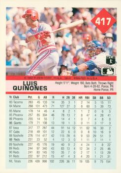 1992 Fleer #417 Luis Quinones Back