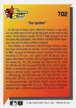 1992 Fleer #702 The Ignitors (Paul Molitor / Brett Butler) Back