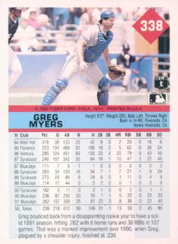 1992 Fleer #338 Greg Myers Back