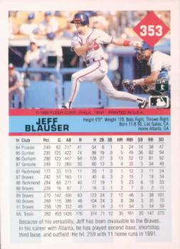 1992 Fleer #353 Jeff Blauser Back