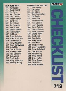 1992 Fleer #719 Checklist: Mets / Phillies / Pirates / Cardinals Front