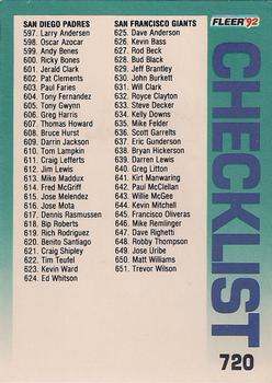 1992 Fleer #720 Checklist: Padres / Giants / Special Cards Front