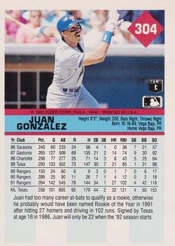 1992 Fleer #304 Juan Gonzalez Back