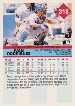 1992 Fleer #316 Ivan Rodriguez Back
