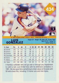 1992 Fleer #434 Luis Gonzalez Back