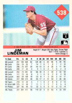 1992 Fleer #538 Jim Lindeman Back