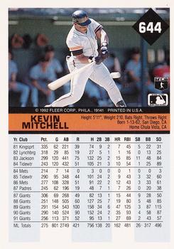 1992 Fleer #644 Kevin Mitchell Back