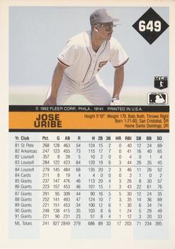 1992 Fleer #649 Jose Uribe Back