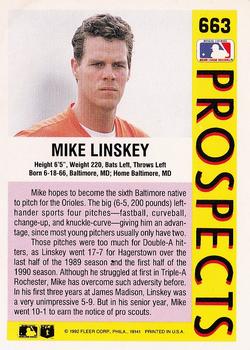 1992 Fleer #663 Mike Linskey Back