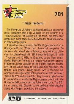 1992 Fleer #701 Tiger Tandems (Stacy Jones / Bo Jackson / Gregg Olson / Frank Thomas) Back