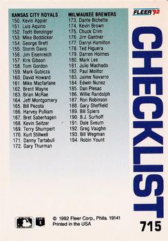 1992 Fleer #715 Checklist: Indians / Tigers / Royals / Brewers Back