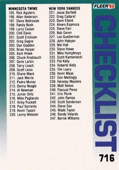 1992 Fleer #716 Checklist: Twins / Yankees / Athletics / Mariners Front
