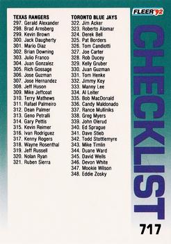 1992 Fleer #717 Checklist: Rangers / Blue Jays / Braves / Cubs Front