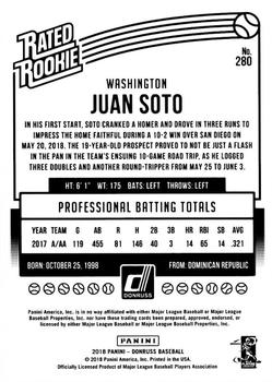 2018 Panini Chronicles - 2018 Donruss Rated Rookies #280 Juan Soto Back