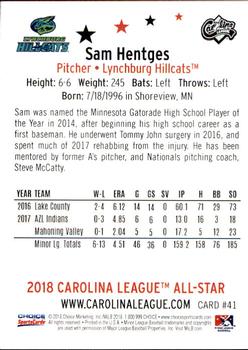 2018 Choice Carolina League All-Stars #41 Sam Hentges Back