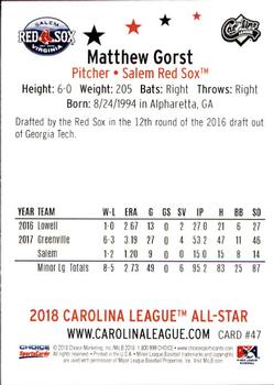 2018 Choice Carolina League All-Stars #47 Matthew Gorst Back