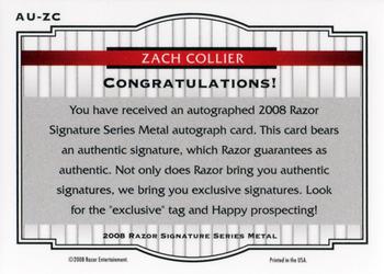 2008 Razor Signature Series Metal - Metal Autograph #AU-ZC Zach Collier Back