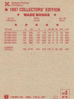 1987 Ralston Purina - Collectors' Sheet Singles #3 Wade Boggs Back