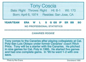 1995 Grandstand Sioux Falls Canaries #NNO Tony Coscia Back