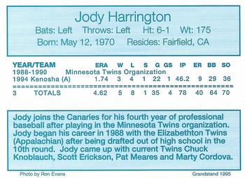 1995 Grandstand Sioux Falls Canaries #NNO Jody Harrington Back