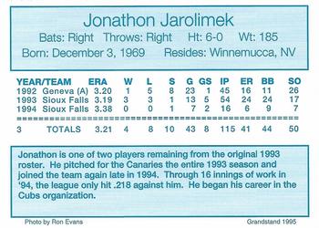 1995 Grandstand Sioux Falls Canaries #NNO Jonathan Jarolimek Back