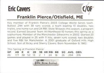 2003 Keene Swamp Bats #22 Eric Cavers Back
