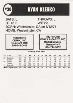 1992 Comix Richmond Braves #NNO Ryan Klesko Back