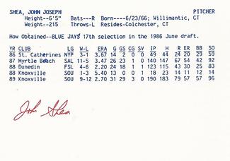 1990 Merchants Bank/WIXT9 Syracuse Chiefs #NNO John Shea Back