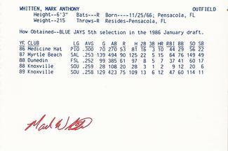 1990 Merchants Bank/WIXT9 Syracuse Chiefs #NNO Mark Whiten Back