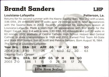 2004 Keene Swamp Bats #13 Brandt Sanders Back