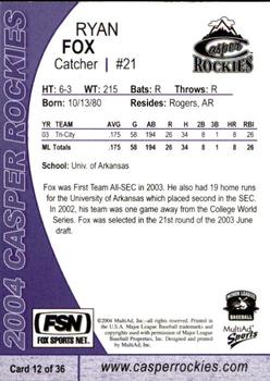 2004 MultiAd Casper Rockies #12 Ryan Fox Back