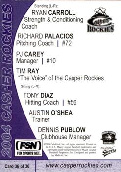 2004 MultiAd Casper Rockies #36 Ryan Carroll / Richard Palacios / P.J. Carey / Tim Ray / Tony Diaz / Austin O'Shea / Dennis Publow Back