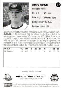 2004 Choice Tri-City ValleyCats #7 Casey Brown Back