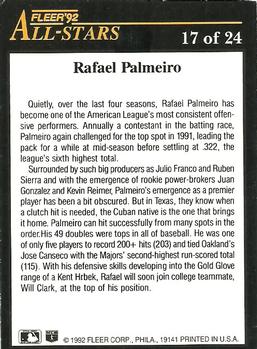 1992 Fleer - All-Stars #17 Rafael Palmeiro Back