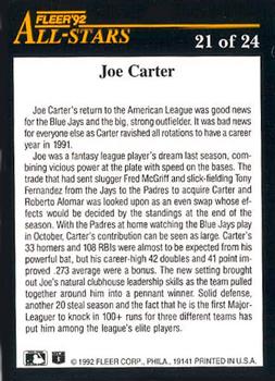 1992 Fleer - All-Stars #21 Joe Carter Back