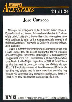 1992 Fleer - All-Stars #24 Jose Canseco Back