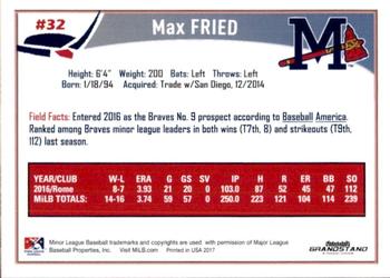 2017 Grandstand Mississippi Braves #8 Max Fried Back