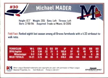 2017 Grandstand Mississippi Braves #17 Michael Mader Back